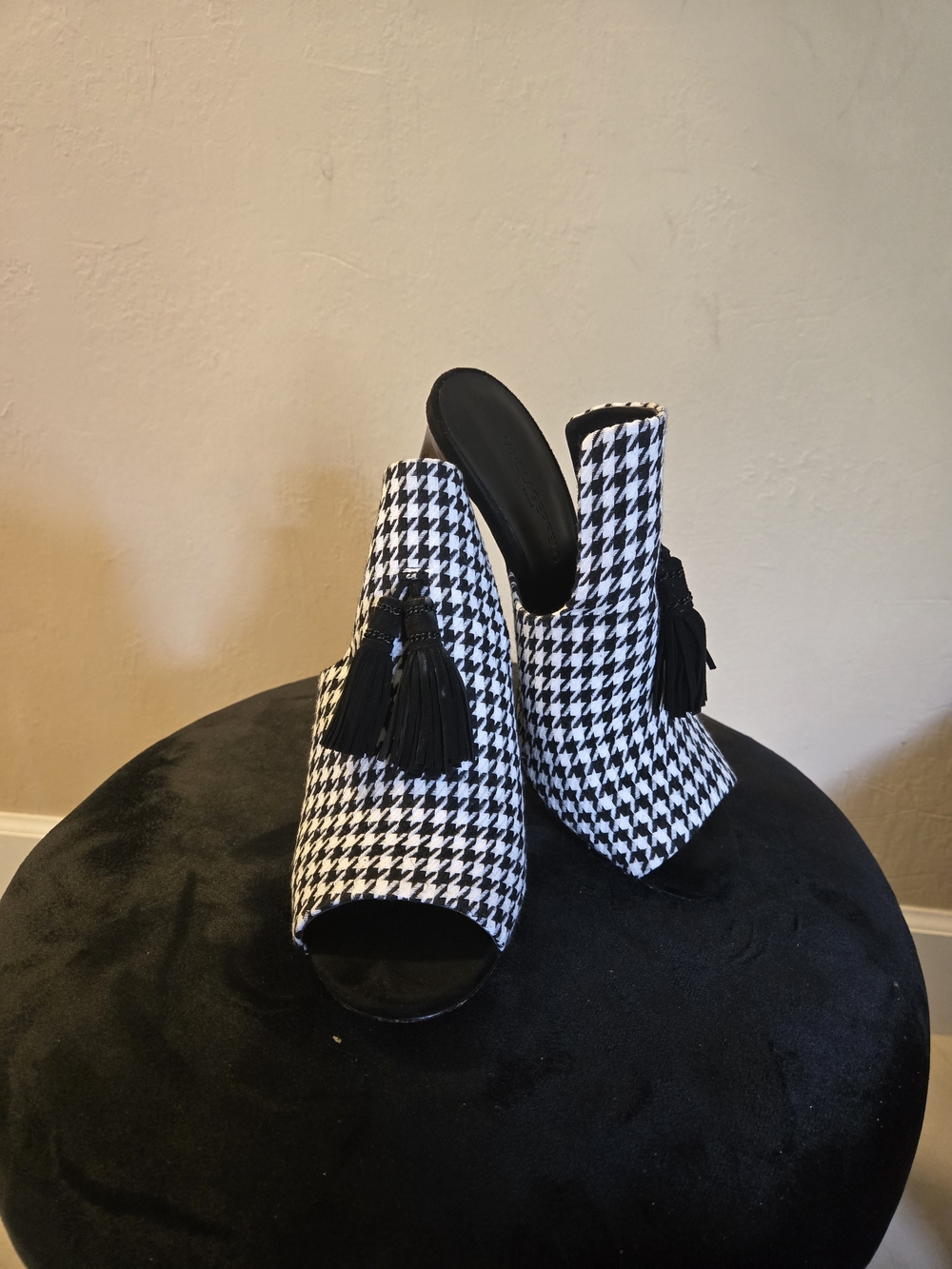 Karl Lagerfeld Houndstooth Tassel Peep-Toe Mules - Black & White